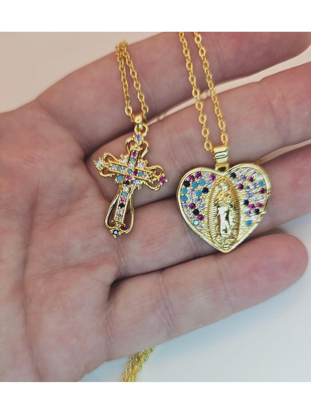 CZ Cross and Mary Catholic Pendant Necklaces Gold-plated lot of 2 - Picture 4 of 6
